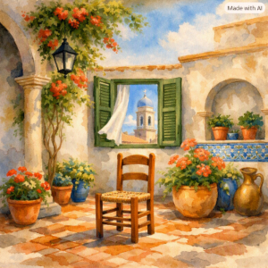 Acuarela de un patio gaditano con silla de enea y ventana abierta que muestra el cielo azul y una torre con cúpula cerámica. Luz cálida, macetas floridas y azulejos andaluces evocan la claridad y celebración del palo flamenco de las Alegrías.